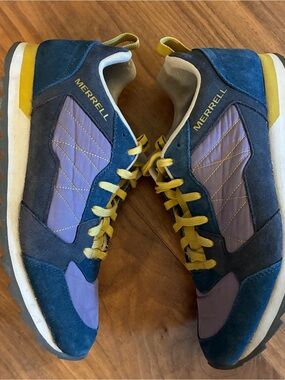 Merrell Blue and Purple Suede Low-Top Sneakers with Yellow Accents